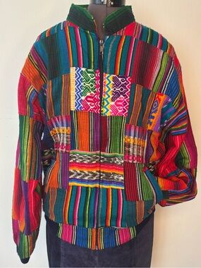 🌈 Vintage 90s Rainbow Multicolored patchwork Bomber Jacket with Zipper & pockets